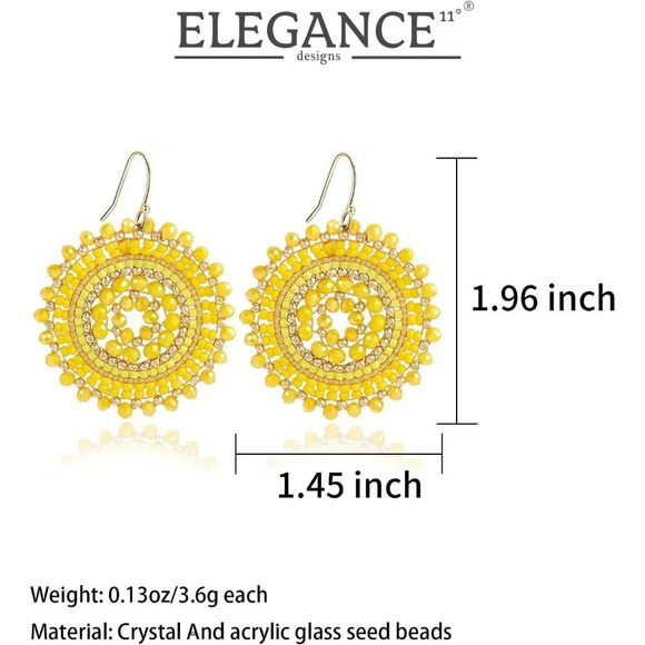 Women Summer Yellow Beaded Crystals Glass Bead Dangle Drop Bohemia Earrings - Picture 3 of 8